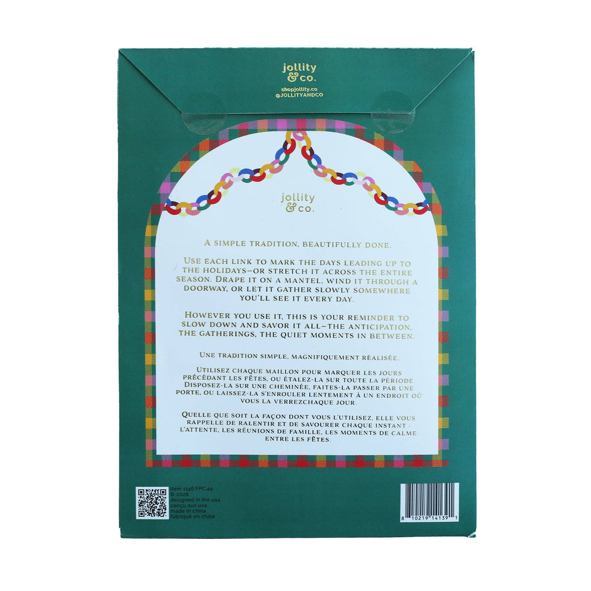 Back of the paper chain garland kit packaging showing product details and a decorative garland border.