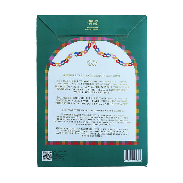 Back of the paper chain garland kit packaging showing product details and a decorative garland border.