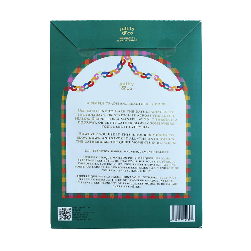 Back of the paper chain garland kit packaging showing product details and a decorative garland border.