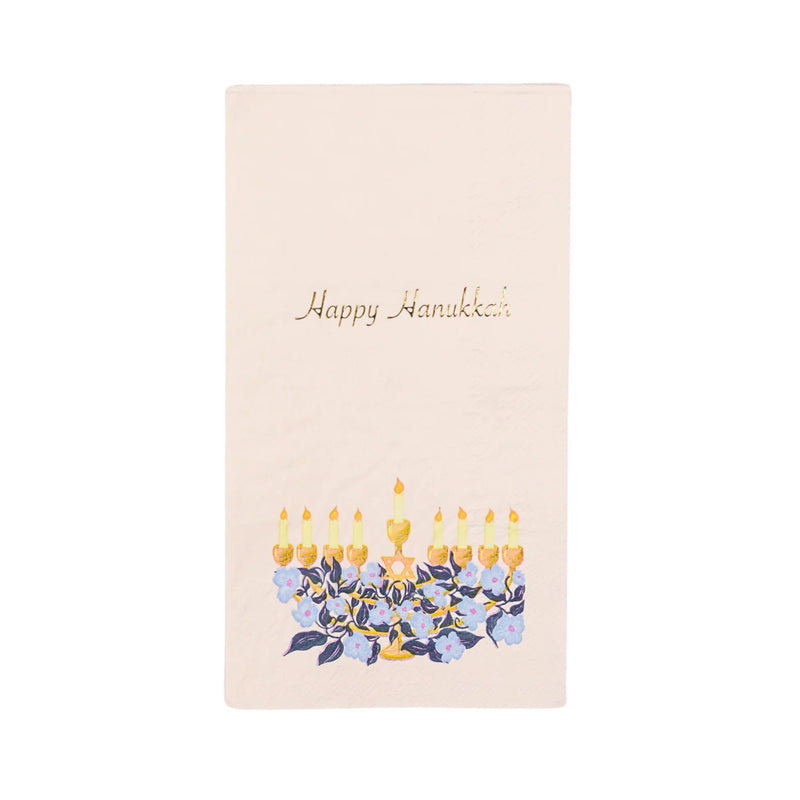Single blush guest towel with ‘Happy Hanukkah’ and floral menorah—pack of 20.”