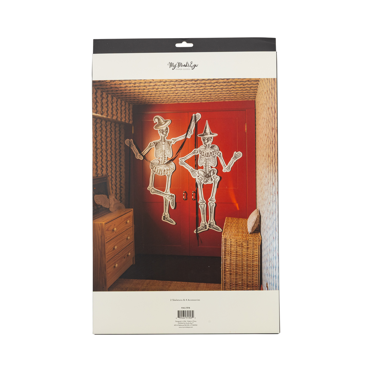Product packaging with skeletons dancing on a red door, brand 'My World Eye' visible.