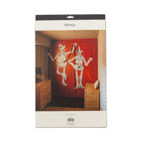Product packaging with skeletons dancing on a red door, brand 'My World Eye' visible.