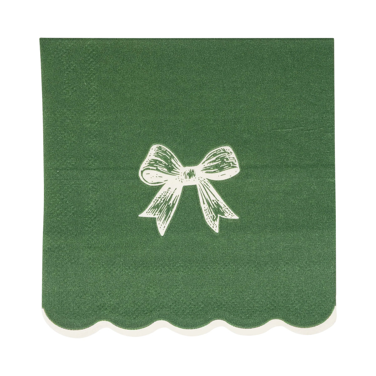 Close-up of a single dark green paper cocktail napkin featuring a white bow illustration and white scalloped edge.
