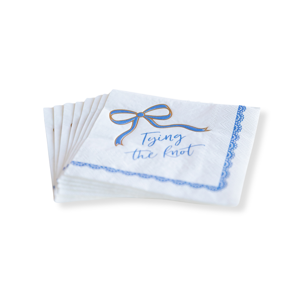 Set of white paper napkins with blue ribbon design and text on a white background