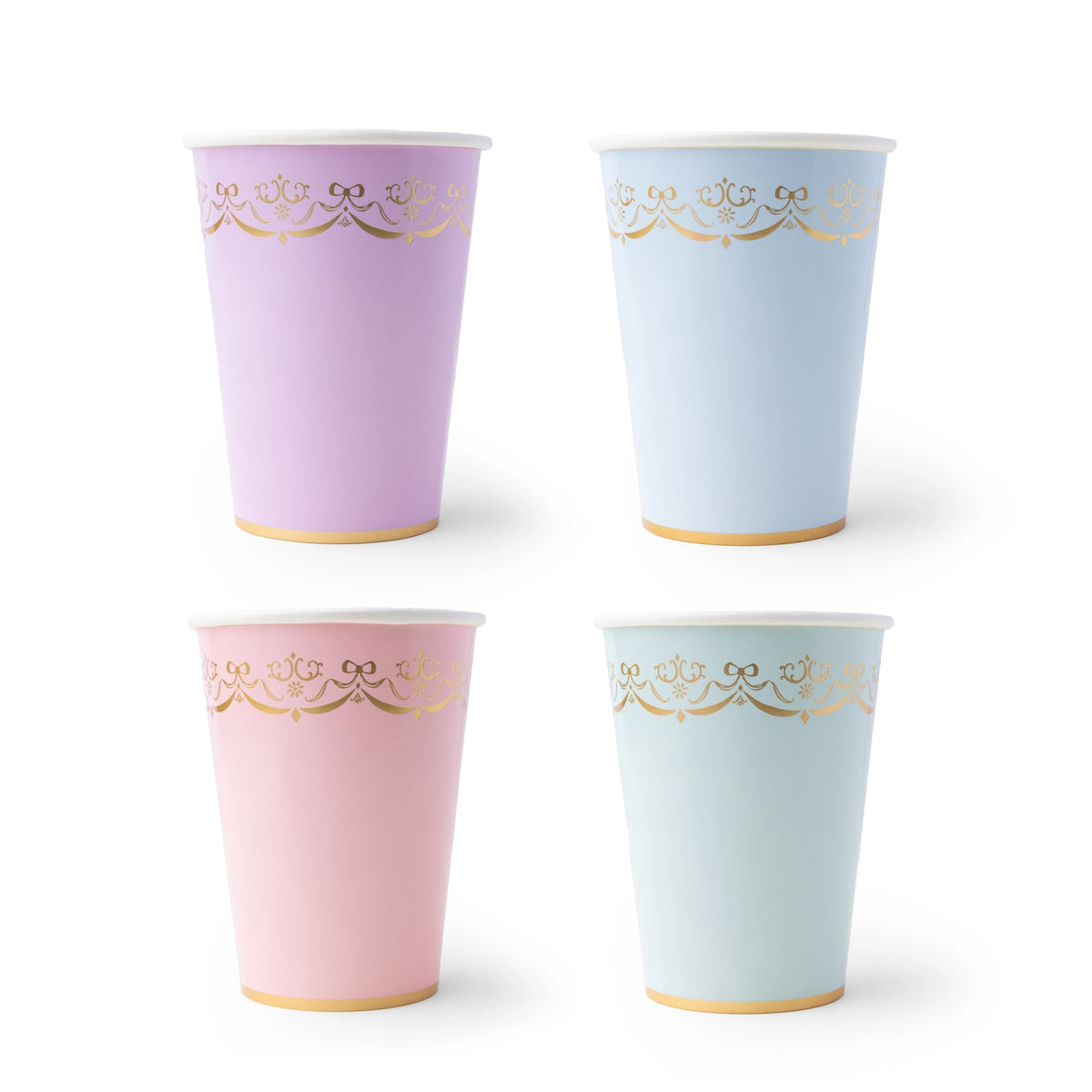 Four Parisian Pastel Rococo cups in pink, lilac, blue, and mint with gold detailing