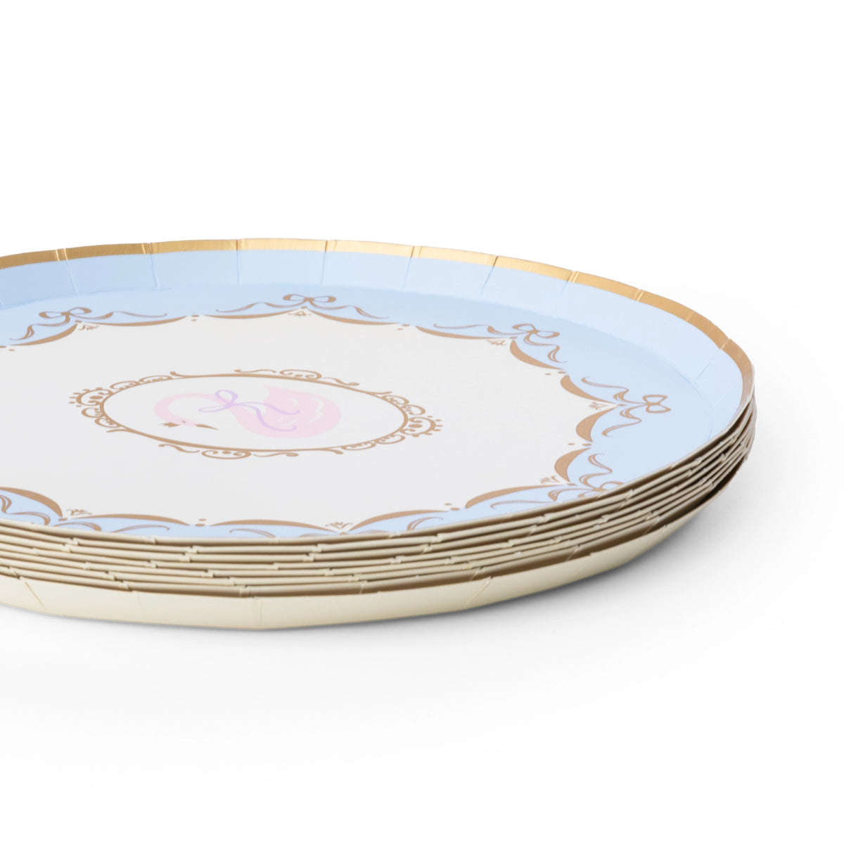 Stacked Parisian Princess scalloped cake plates shown at an angle