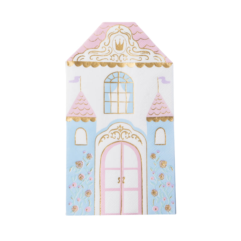 Castle-shaped Parisian Princess paper guest towel in pink, blue, and gold