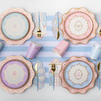 Parisian Princess fan napkins styled on a princess table with plates and cups