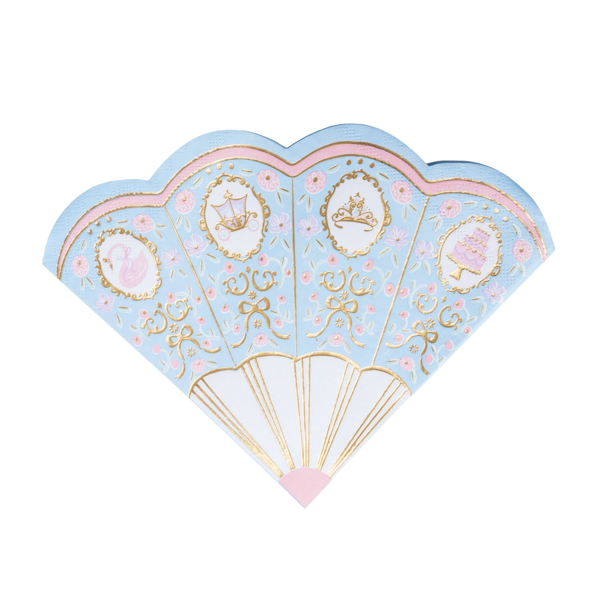 Pastel Parisian Princess fan-shaped paper napkin in blue, pink, and gold