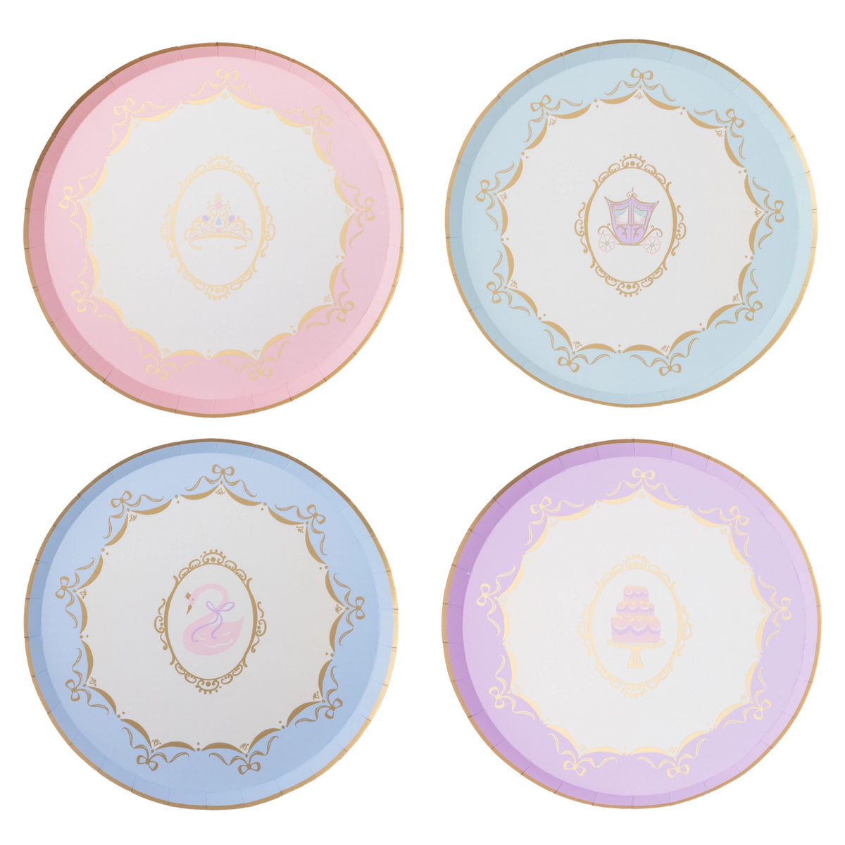 Four Parisian Princess scalloped cake plates in pink, blue, and purple with gold French detailing