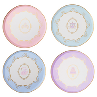 Four Parisian Princess scalloped cake plates in pink, blue, and purple with gold French detailing