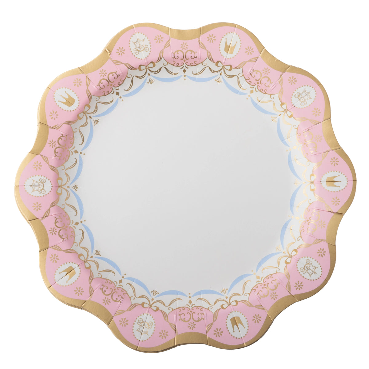 Blush pink Parisian Princess dinner plate with gold French detailing and a scalloped edge, shown top-down