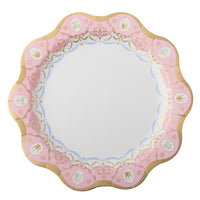 Blush pink Parisian Princess dinner plate with gold French detailing and a scalloped edge, shown top-down