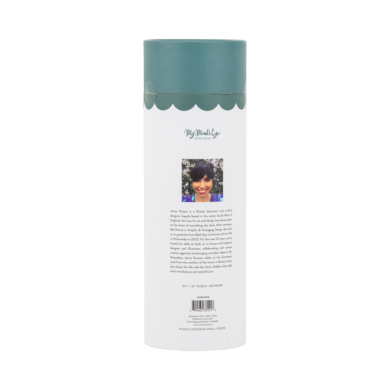 Back of the Partridge in a Pear Tree puzzle tube showing the artist illustration and product details