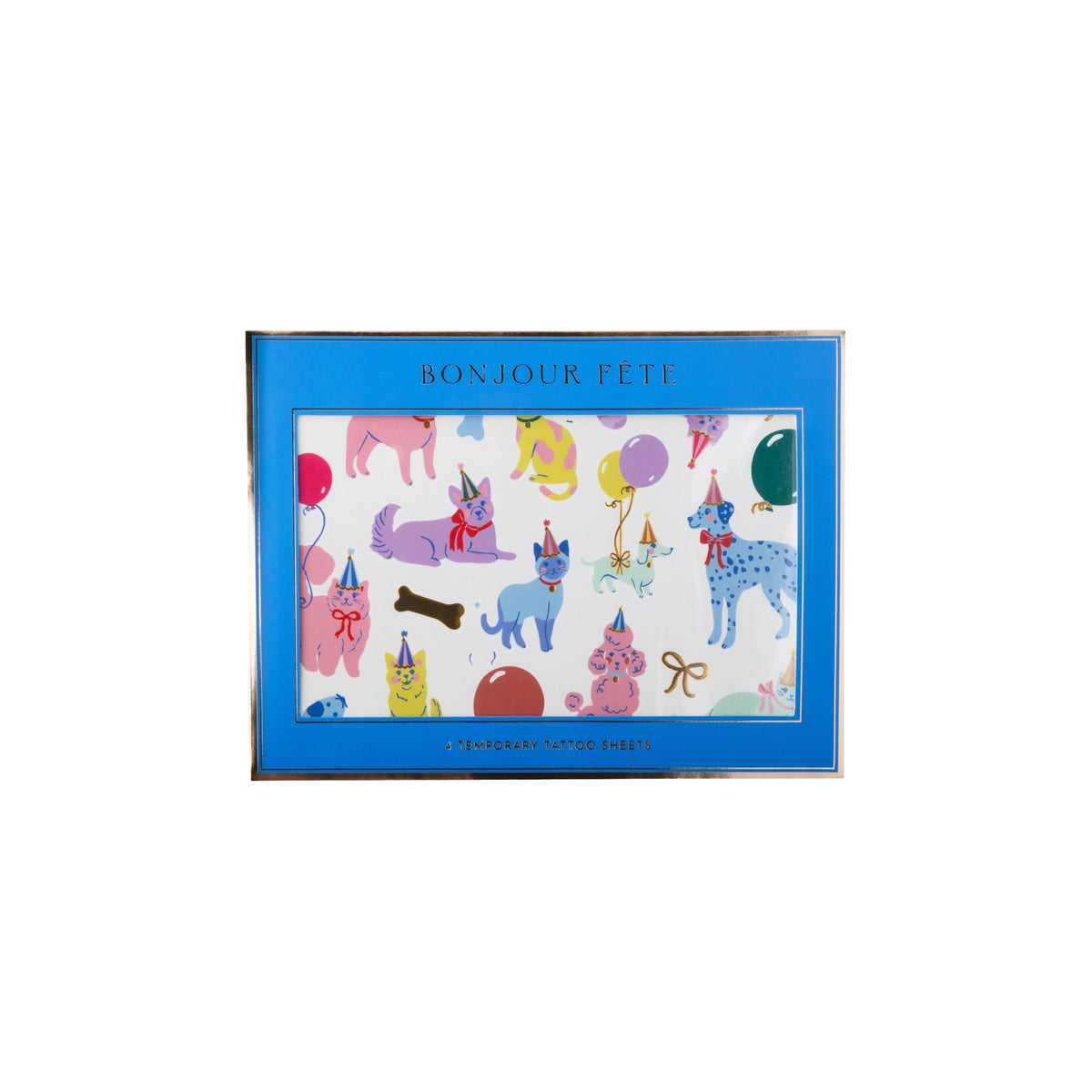 Party Animals temporary tattoos shown in blue packaging with cats and dogs