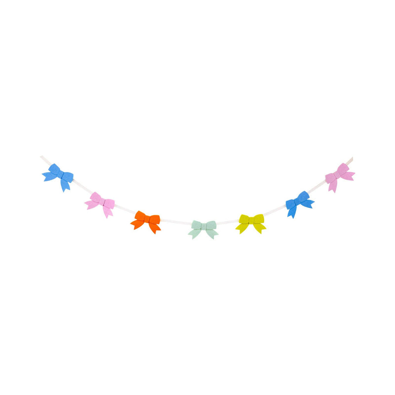 A colorful banner of layered felt bows in pink, blue, yellow, and mint green, ideal for spring party decorations.