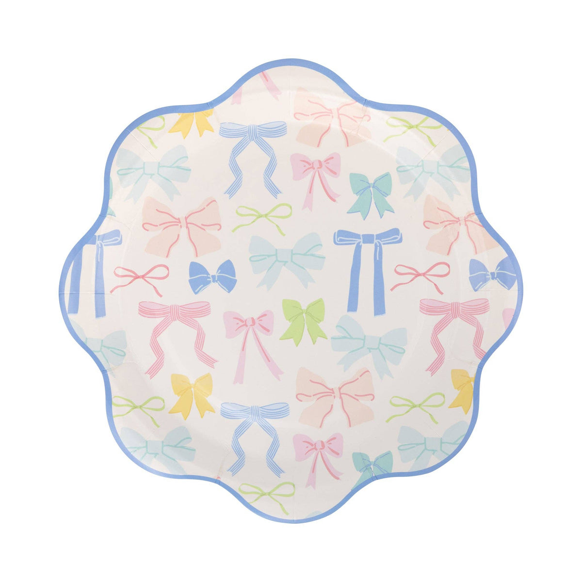 scalloped paper plate with pastel bow pattern and blue rim.