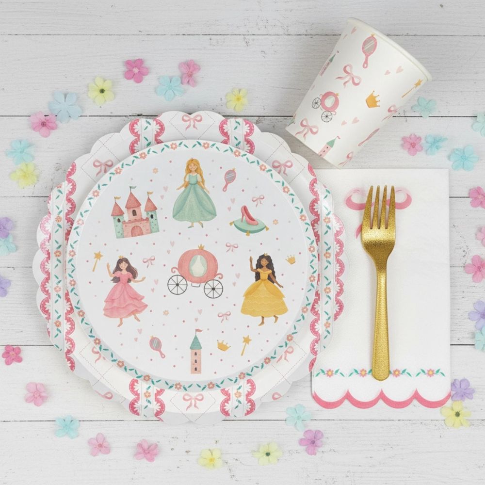 Layered place setting with princess plate on top of a scalloped charger