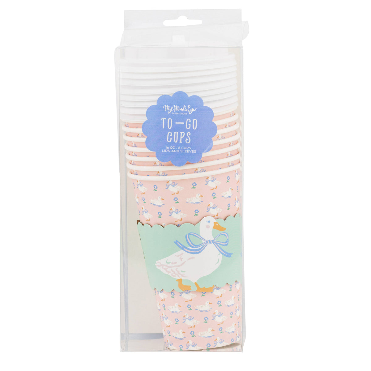 A retail package of 8 pastel pink and mint green duck to-go coffee cups with scalloped sleeves, ideal for spring party supplies.