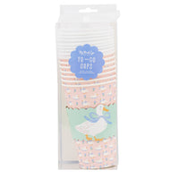 A retail package of 8 pastel pink and mint green duck to-go coffee cups with scalloped sleeves, ideal for spring party supplies.
