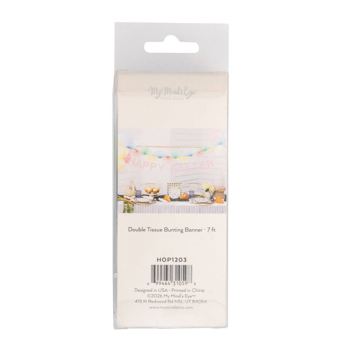 Packaged pastel Easter garland back showing product details