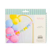 Back view of the My Mind's Eye Layered Felt Bow Banner packaging showing the 5ft width and a lifestyle application on a balloon arch.