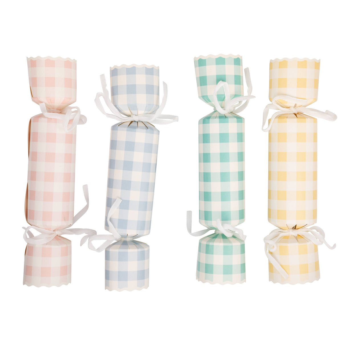 Four upright paper party crackers in assorted pink, blue, mint, and yellow gingham patterns with white ribbon bows and scalloped edges.