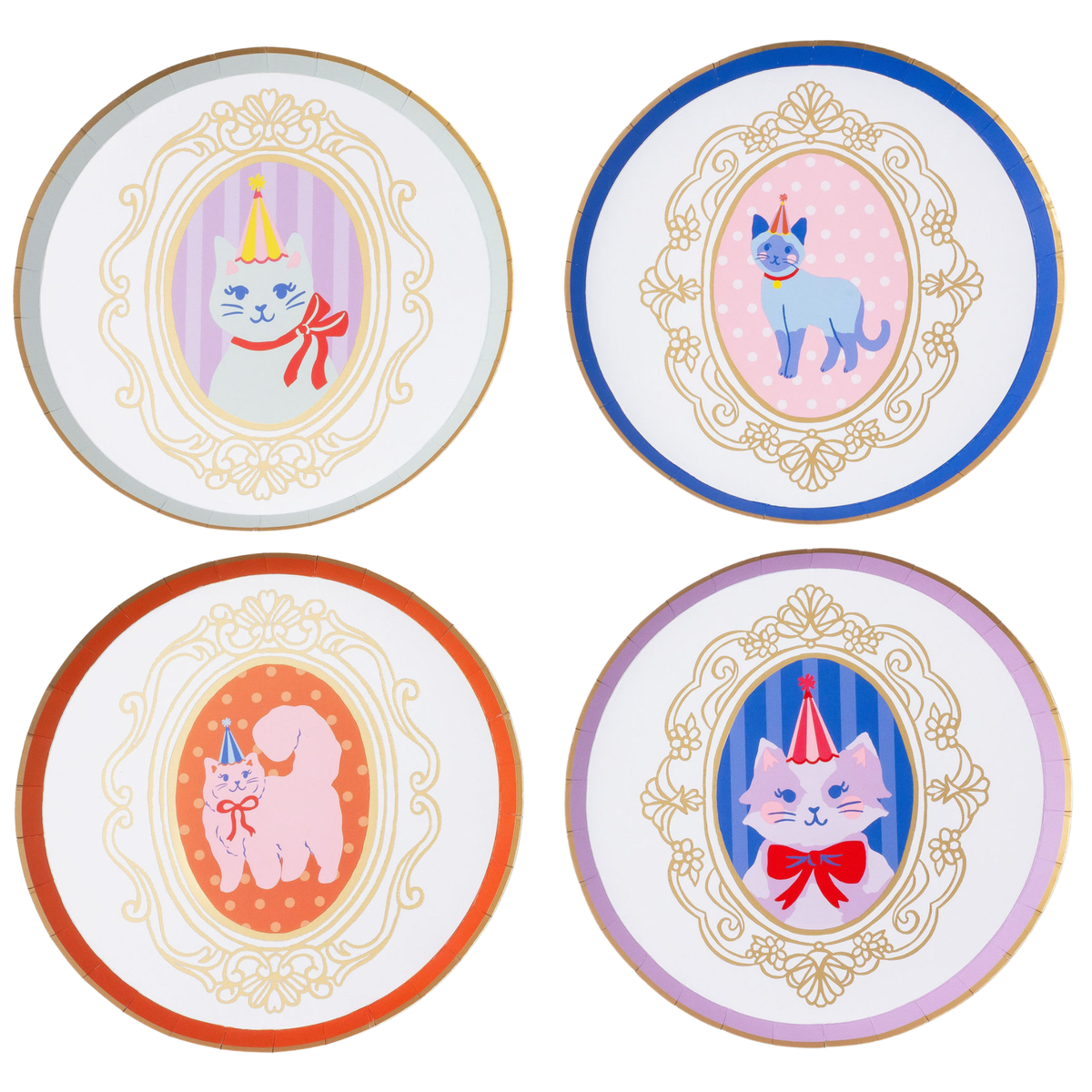 Top-down view of four round paper dessert plates, each featuring a pastel watercolor cat in a party hat inside a gold foil cameo frame with different colored borders.