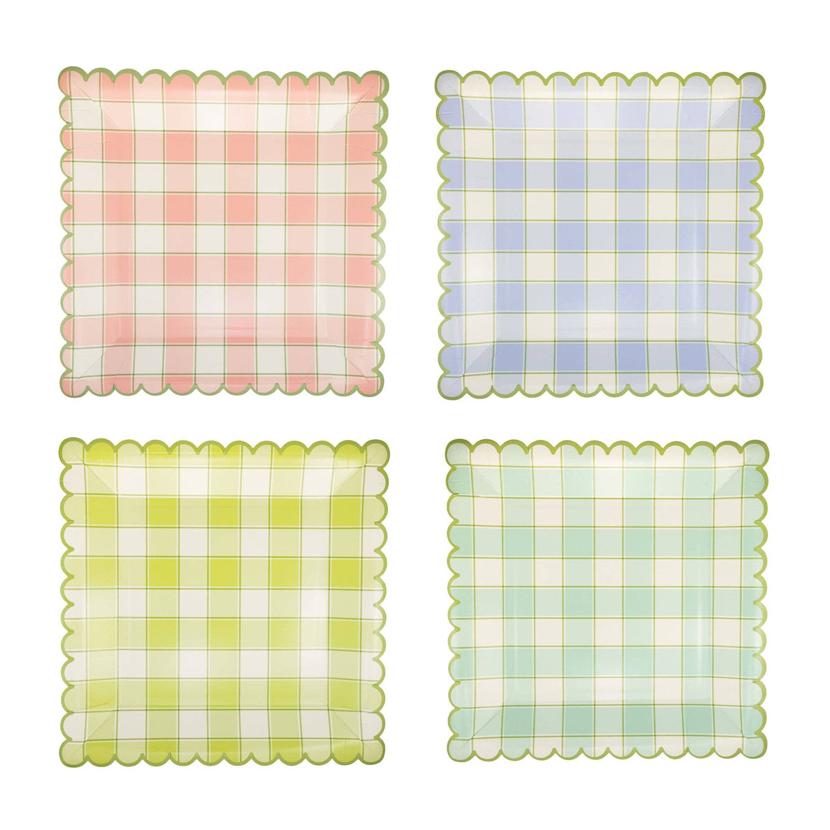 Four square paper plates in pink, blue, yellow, and green pastel plaid patterns with green scalloped edges for an Easter brunch.