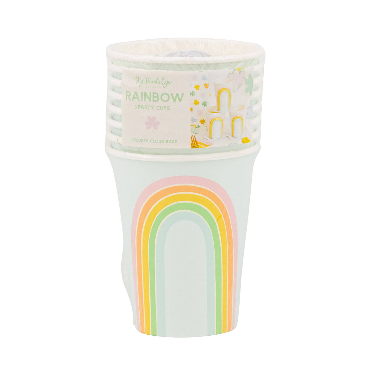 Stack of pastel rainbow paper cups for St. Patrick’s Day and spring parties