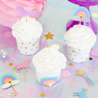 pastel unicorn cupcakes with rainbow and star picks

