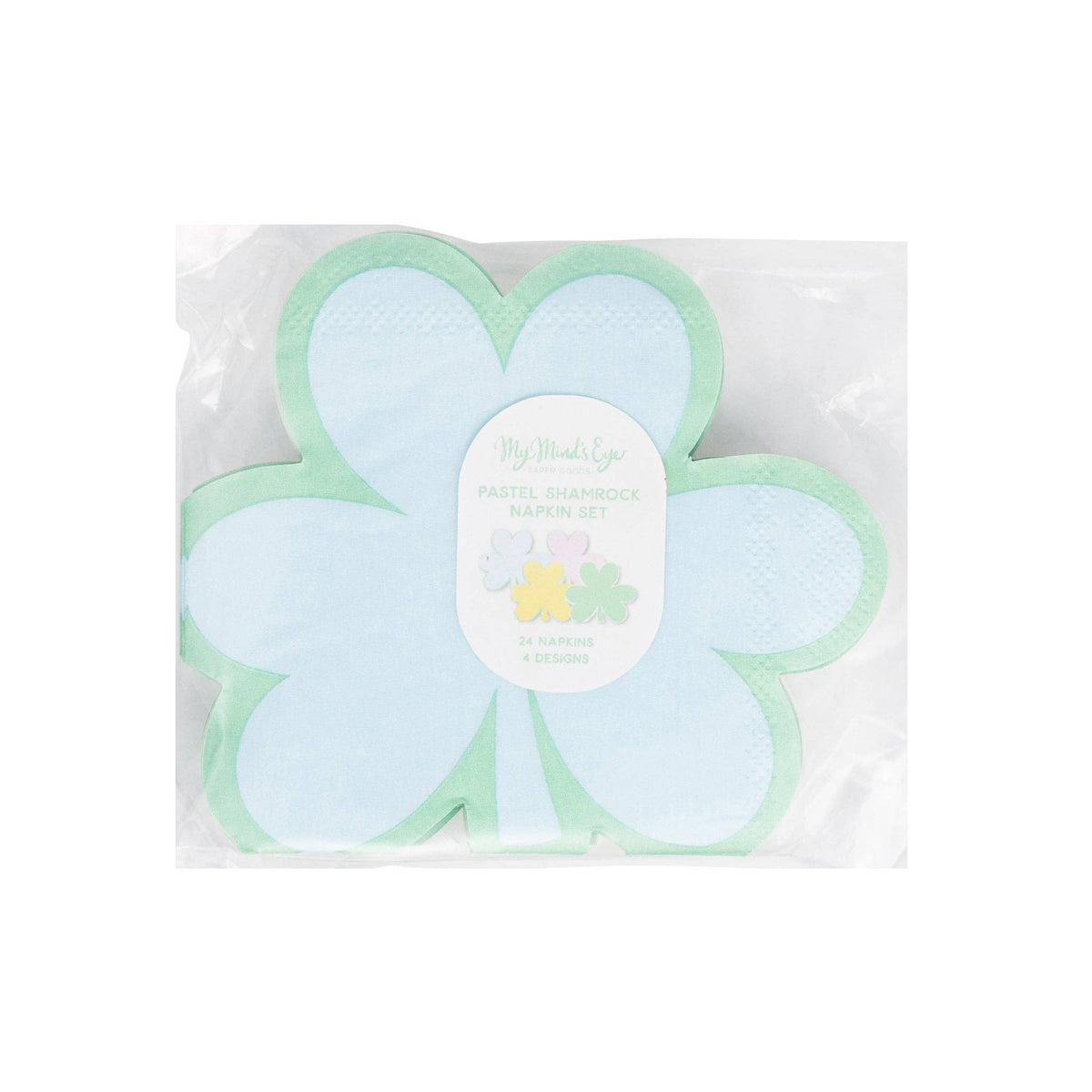 Packaged pastel shamrock cocktail napkin set with four shamrock designs for St. Patrick’s Day