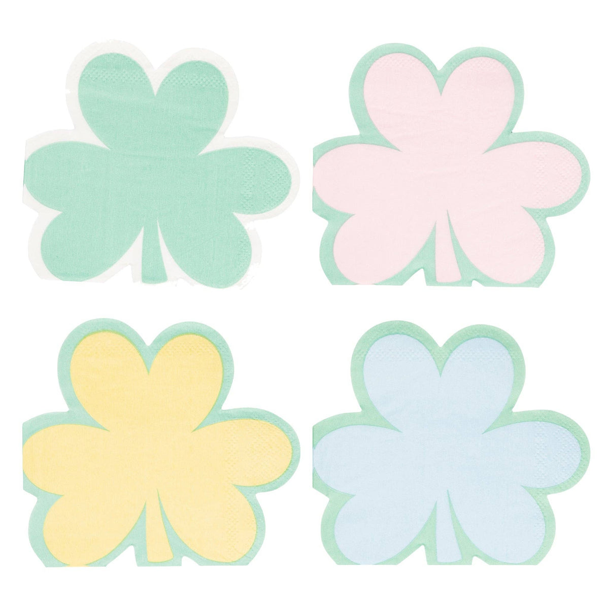 Pastel shamrock shaped cocktail napkins in green, pink, yellow, and blue for St. Patrick’s Day parties