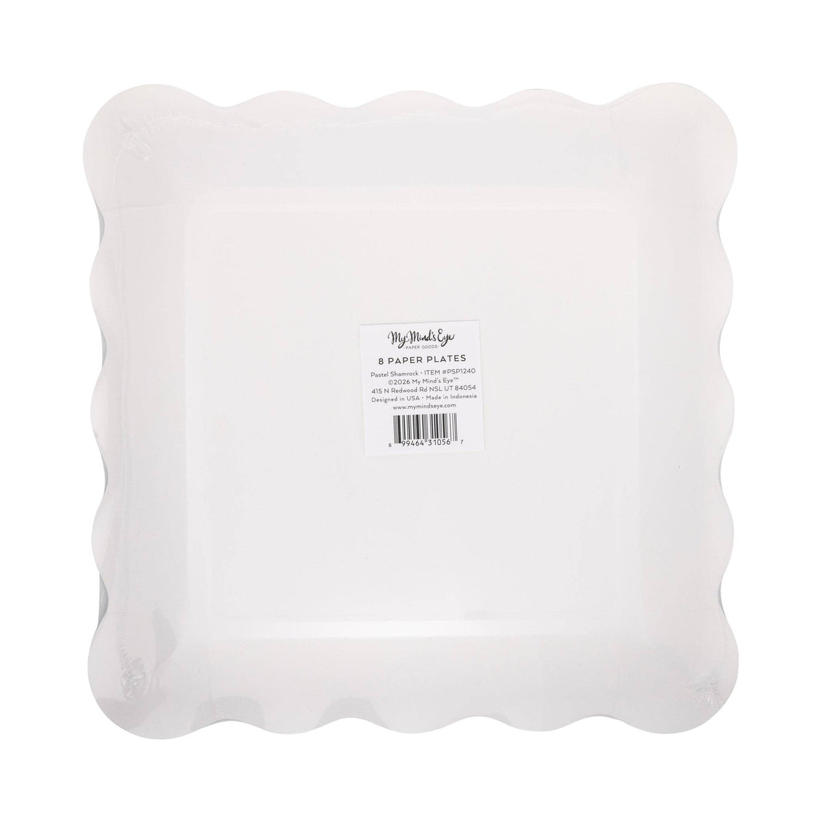 Back view of pastel shamrock paper plate showing scalloped edges