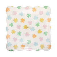 Scalloped pastel shamrock plate with multicolor shamrock design in packaging
