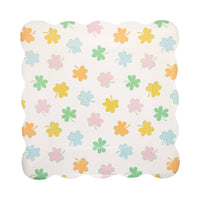 Pastel shamrock paper plate with colorful shamrock pattern for St. Patrick’s Day party table