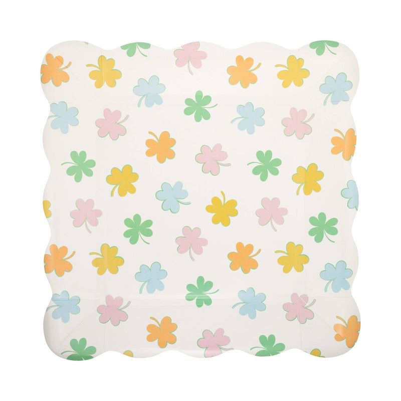 Pastel shamrock paper plate with colorful shamrock pattern for St. Patrick’s Day party table