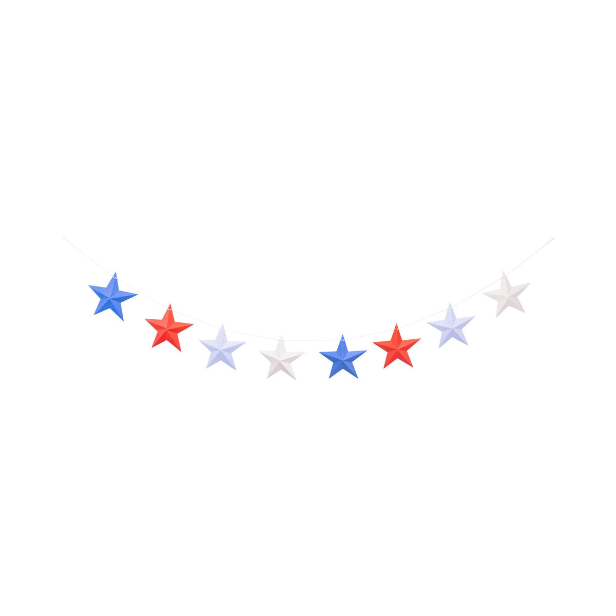 Seven folded 3D paper stars in red, blue, white, and light blue strung on cream twine against a white background