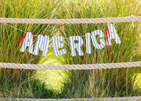 Patriotic America ticking stripe banner strung between rope fence posts with summer grasses behind