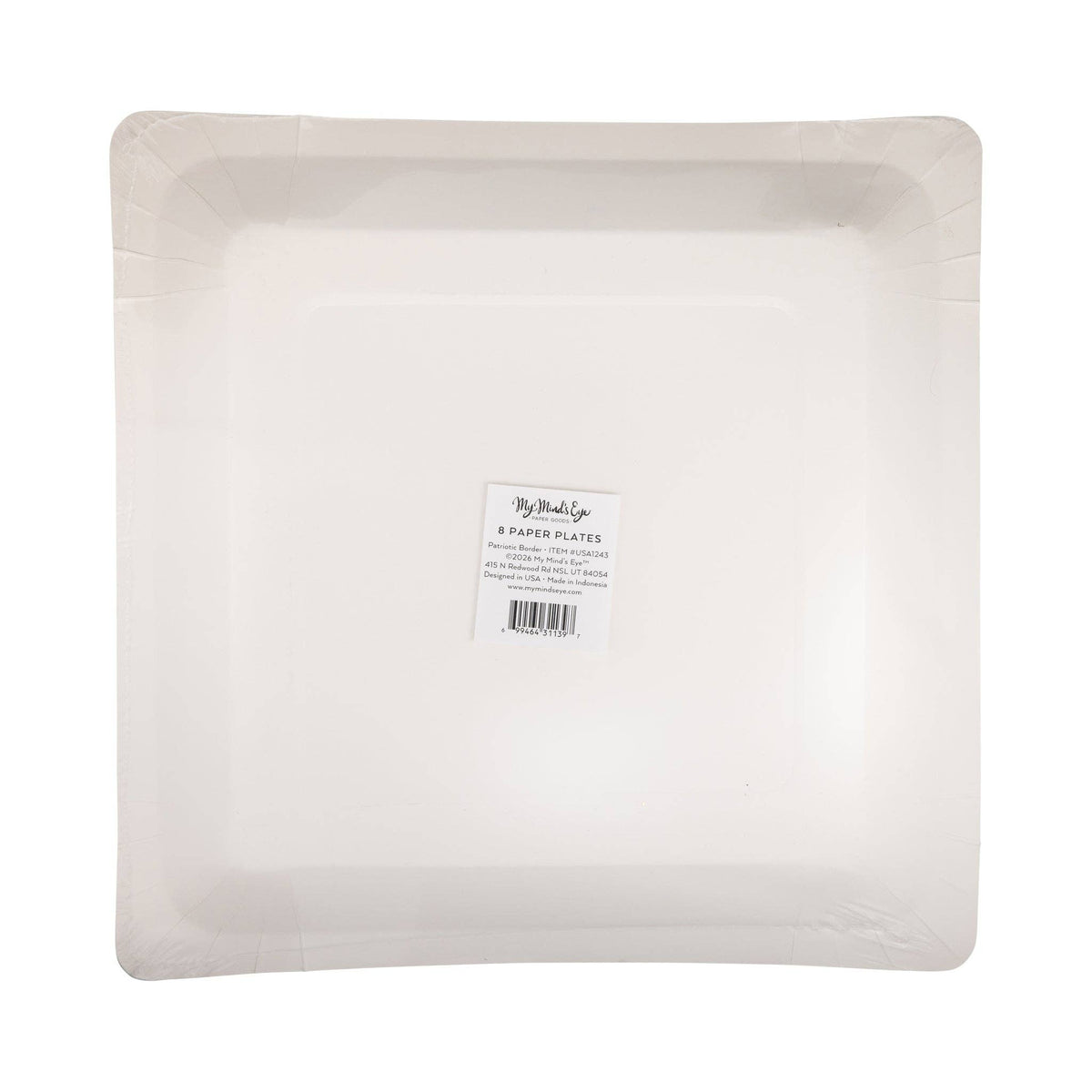 Back view of a cream square paper dinner plate showing the My Minds Eye label with product name Patriotic Border and item number USA1243, pack of 8, with barcode