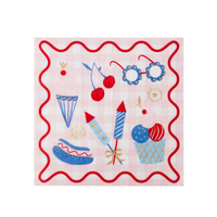 patriotic picnic large napkin with red white blue icons on gingham background.