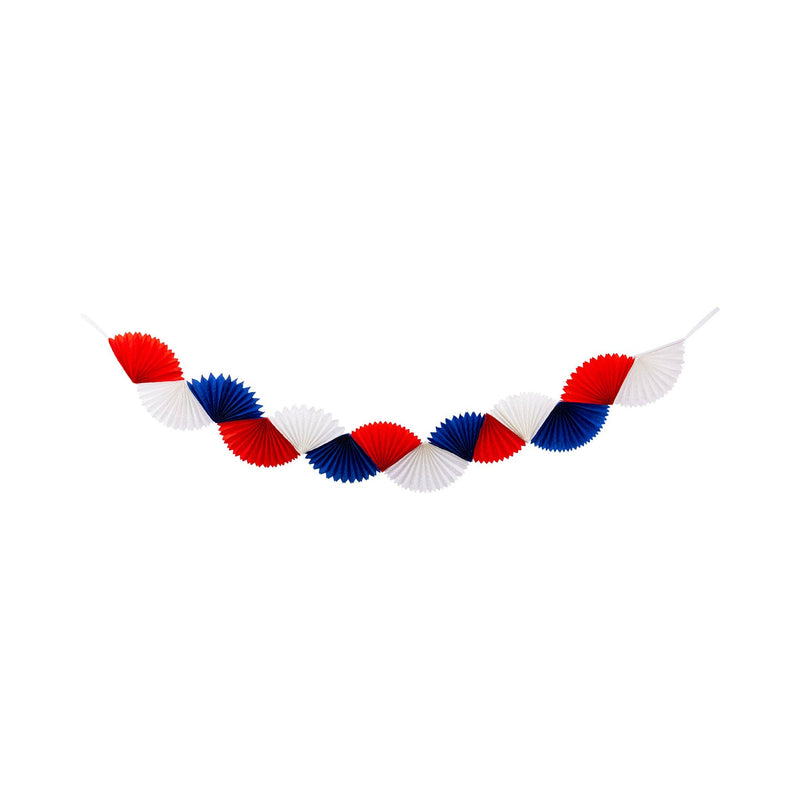 Full patriotic tissue fan bunting banner laid flat on white background showing all 14 alternating red blue and cream half-fan tissue pieces on cream ribbon