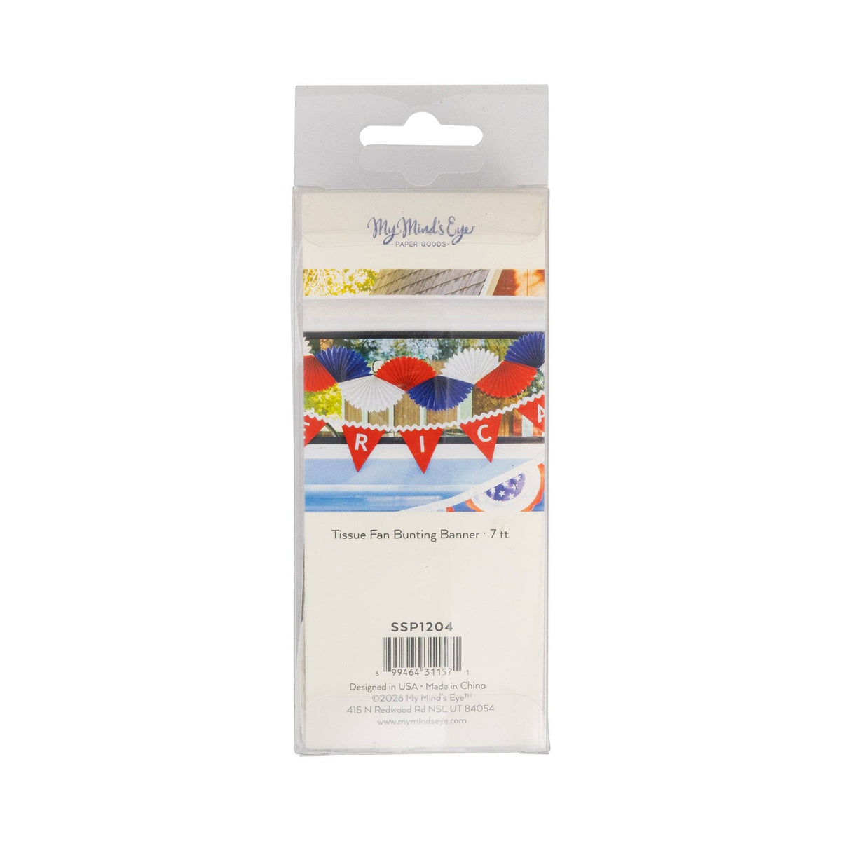 Back of packaging for patriotic tissue fan bunting banner by My Mind's Eye showing product label and 7 ft length detail