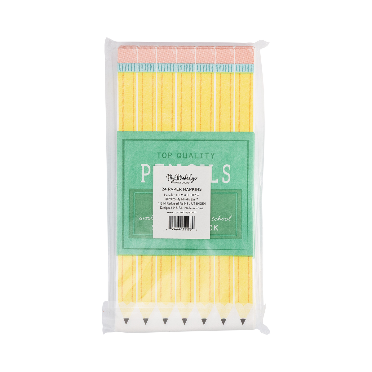Front of pencil box paper dinner napkins showing yellow pencil print with green "Top Quality Pencils No. 2" label