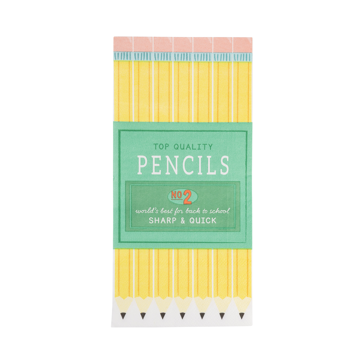 Folded pencil box paper dinner napkin on white background showing full design with green label and yellow No. 2 pencil print