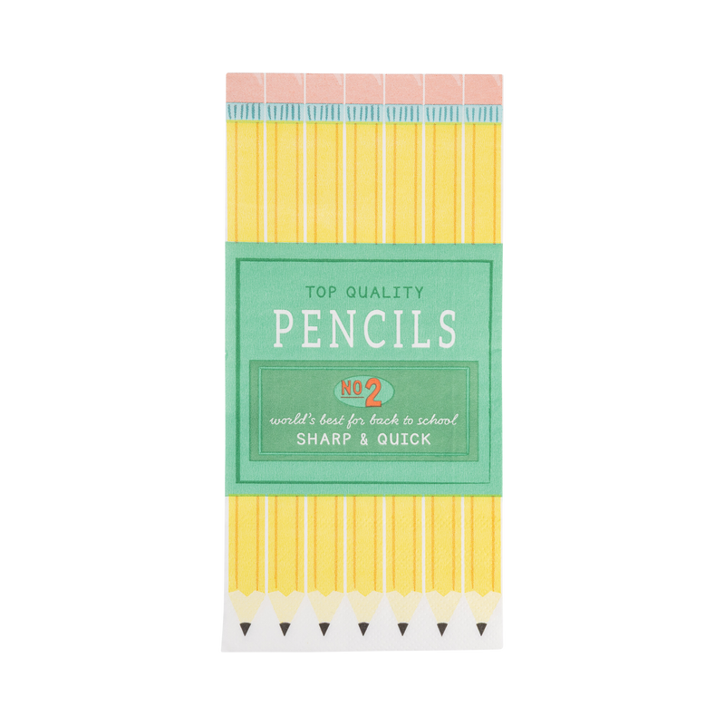 Folded pencil box paper dinner napkin on white background showing full design with green label and yellow No. 2 pencil print