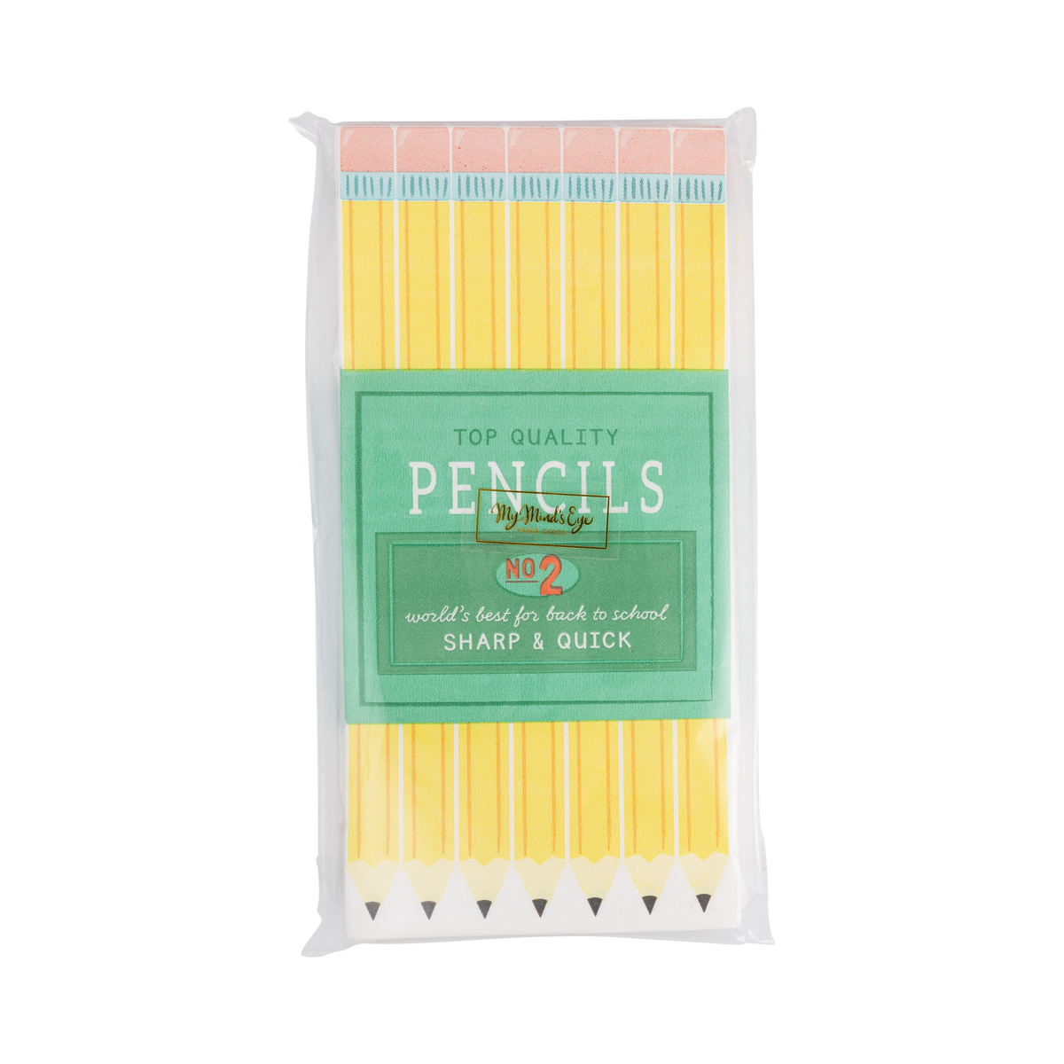 Back of pencil box paper dinner napkins packaging showing napkin pack with pencil print design and product info label