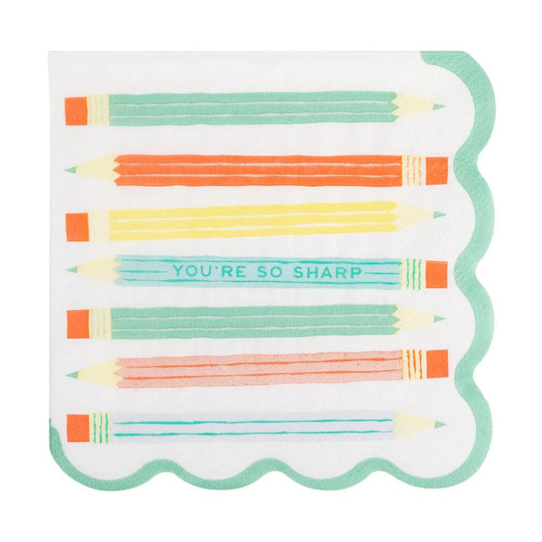 Pencil cocktail napkin with colorful pencil design and message.