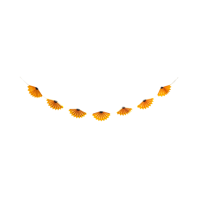 Full 7-foot pencil shaving accordion banner shown on white background with 7 orange and yellow fans