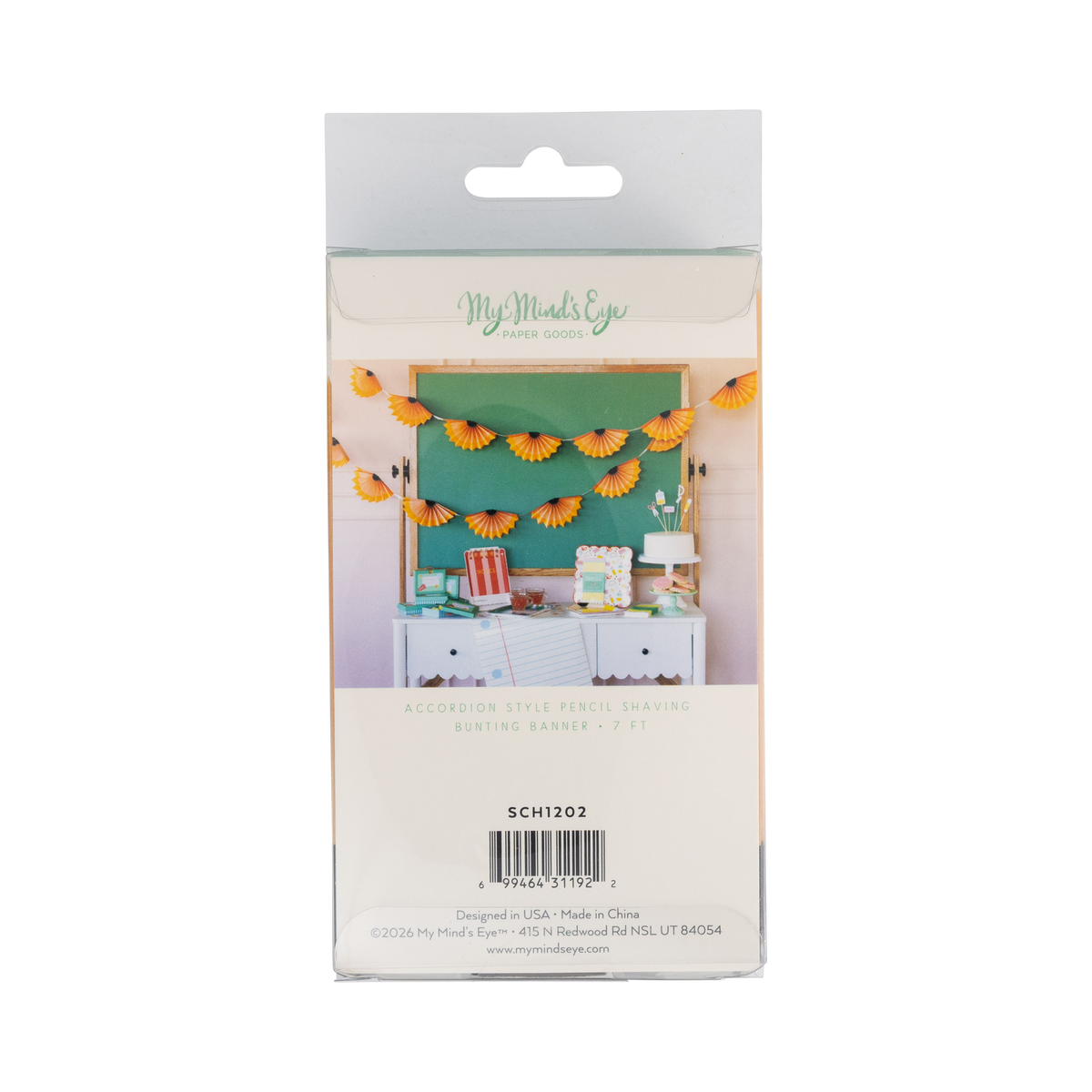 Back of pencil shaving banner packaging showing the styled product with chalkboard and classroom party table with product info